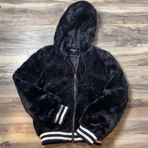 Betsey Johnson Black Faux Fur Varsity Trim Bomber Jacket with Hood - Size 8